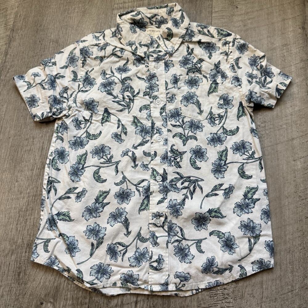 Crewcuts Floral Shirt J. Crew Short Sleeve Button Down Boys White Blue Size 6-7